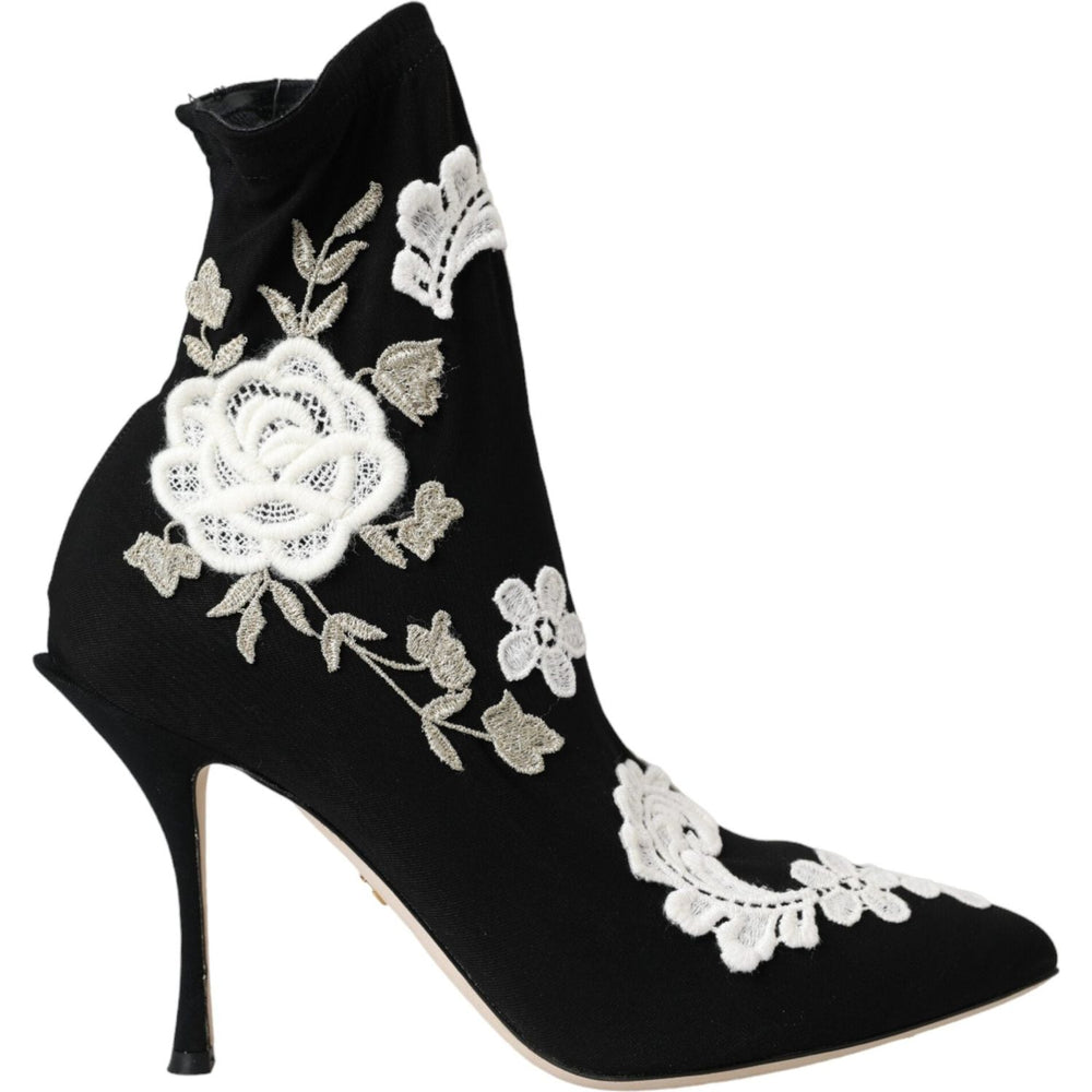 Dolce & Gabbana Black White Embroidery Slip On Boots Shoes LA11094-35