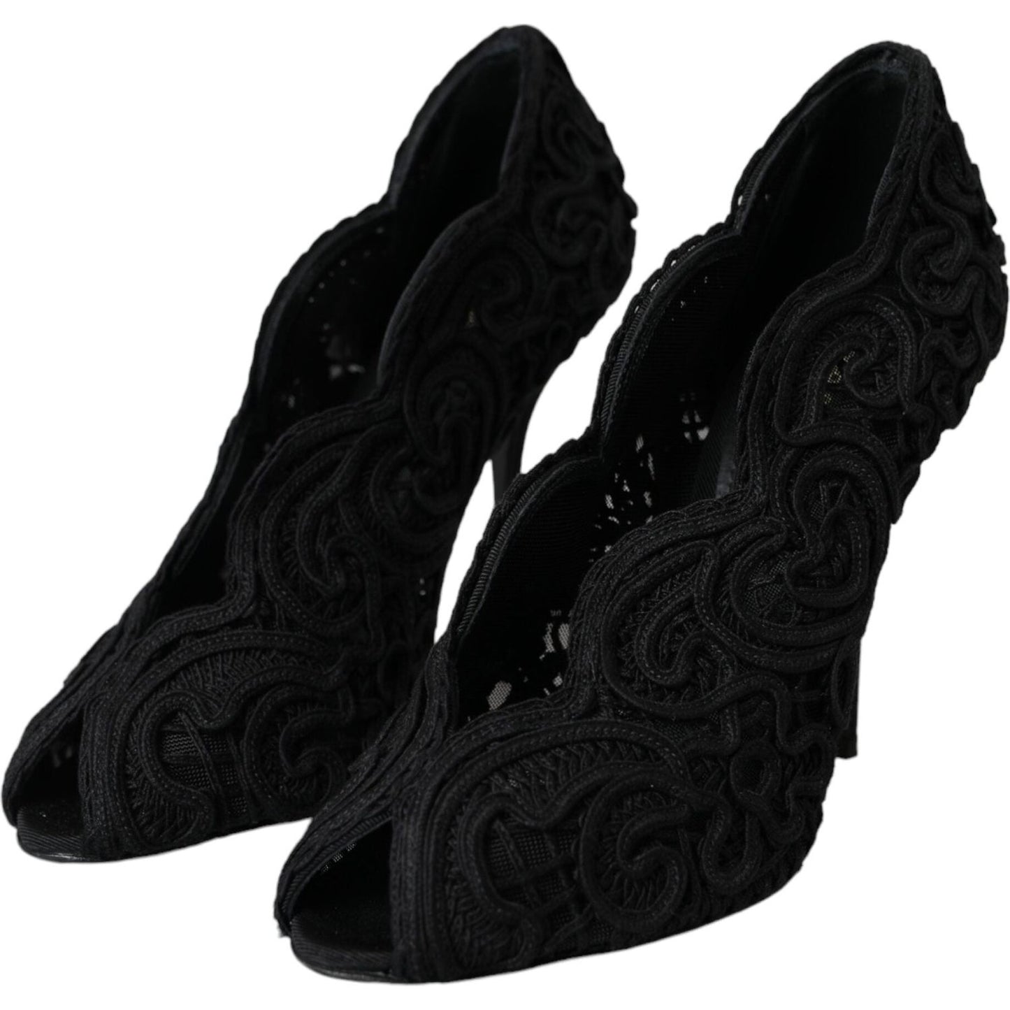 Dolce & Gabbana Black Cordonetto Ricamo Pump Open Toe Shoes LA11181-38