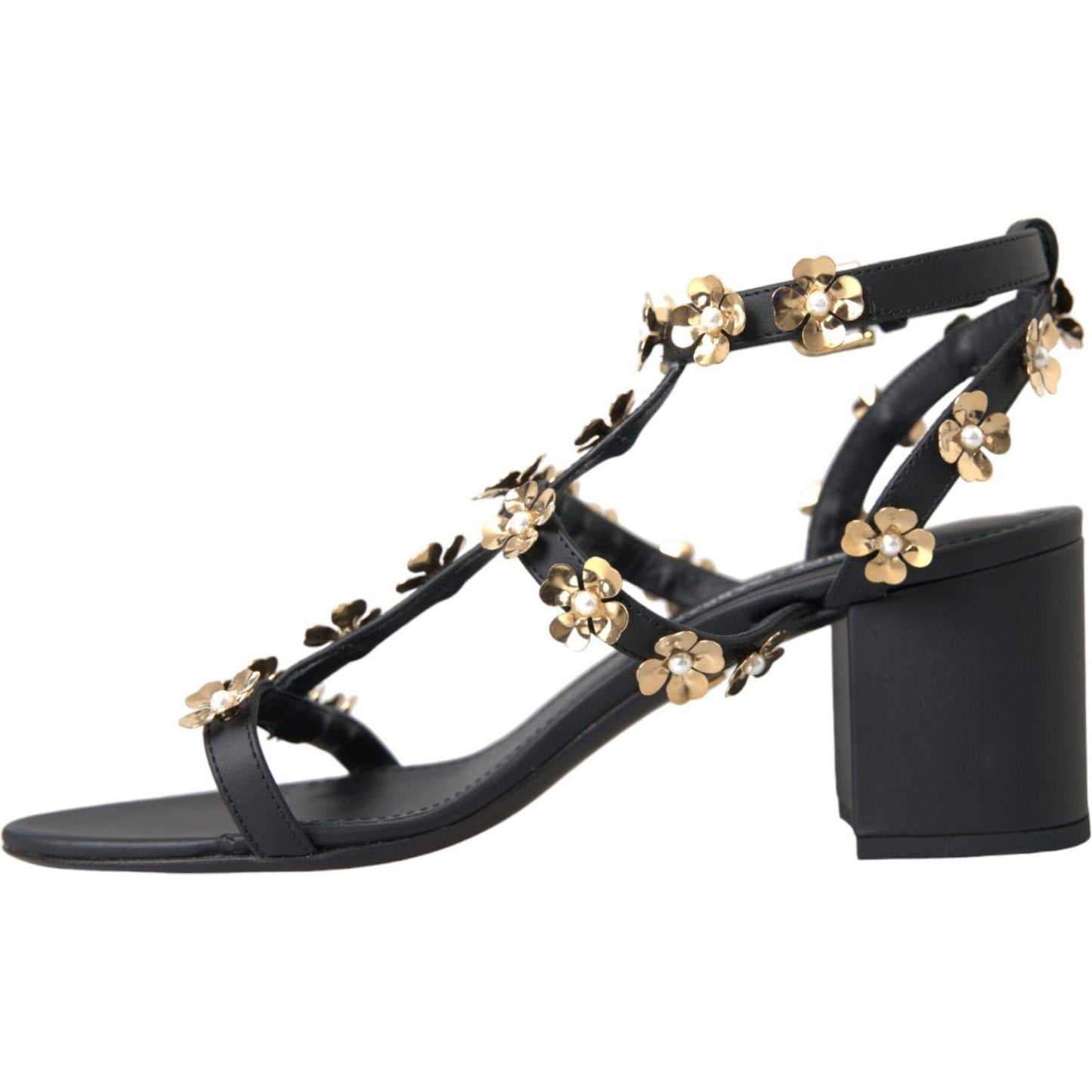 Dolce & Gabbana Black Leather Embellished Heel Sandal Shoes LA11207-39