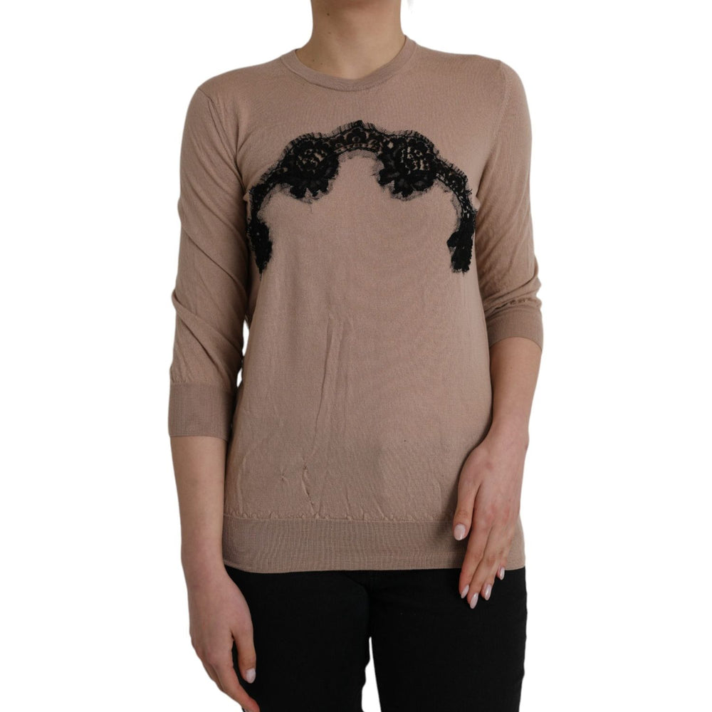 Dolce & Gabbana Brown Wool Black Lace 3/4 Sleeve Blouse Top TSH84047-46