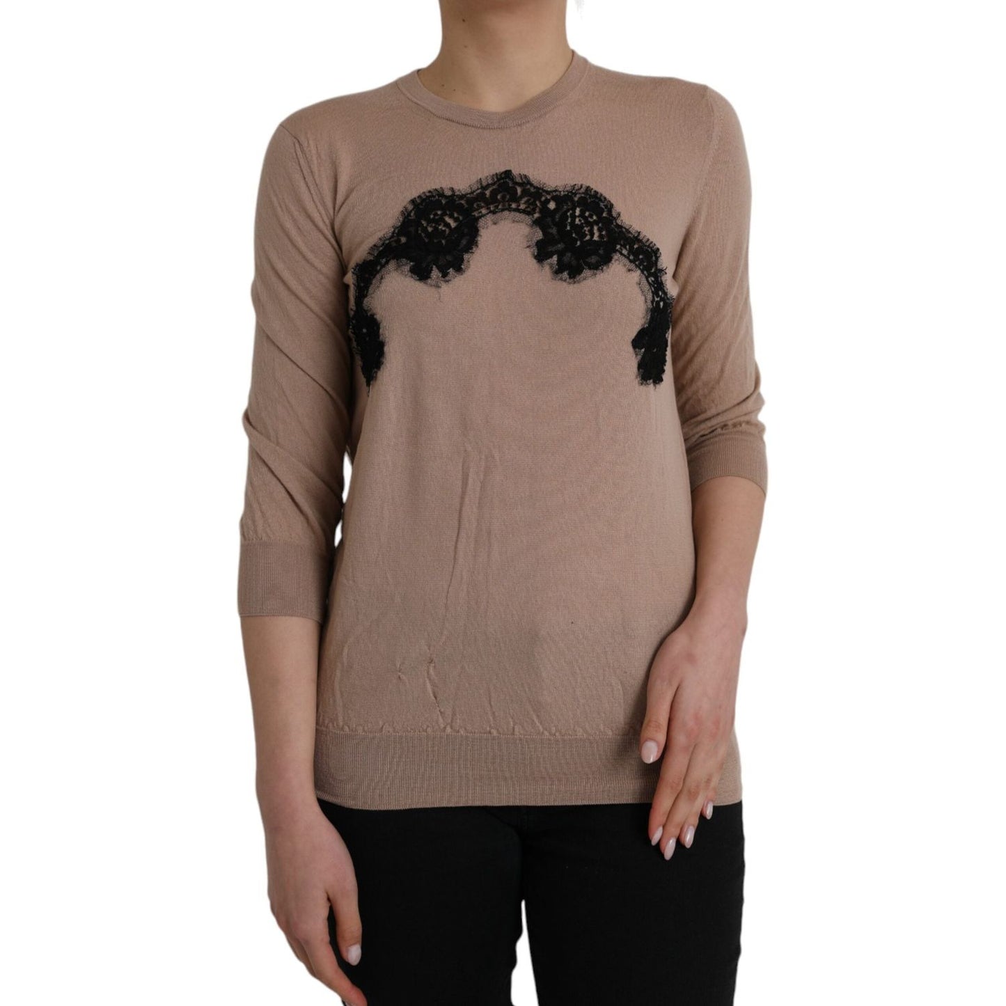 Dolce & Gabbana Brown Wool Black Lace 3/4 Sleeve Blouse Top TSH84047-46