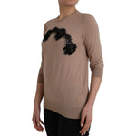 Dolce & Gabbana Brown Wool Black Lace 3/4 Sleeve Blouse Top TSH84047-46