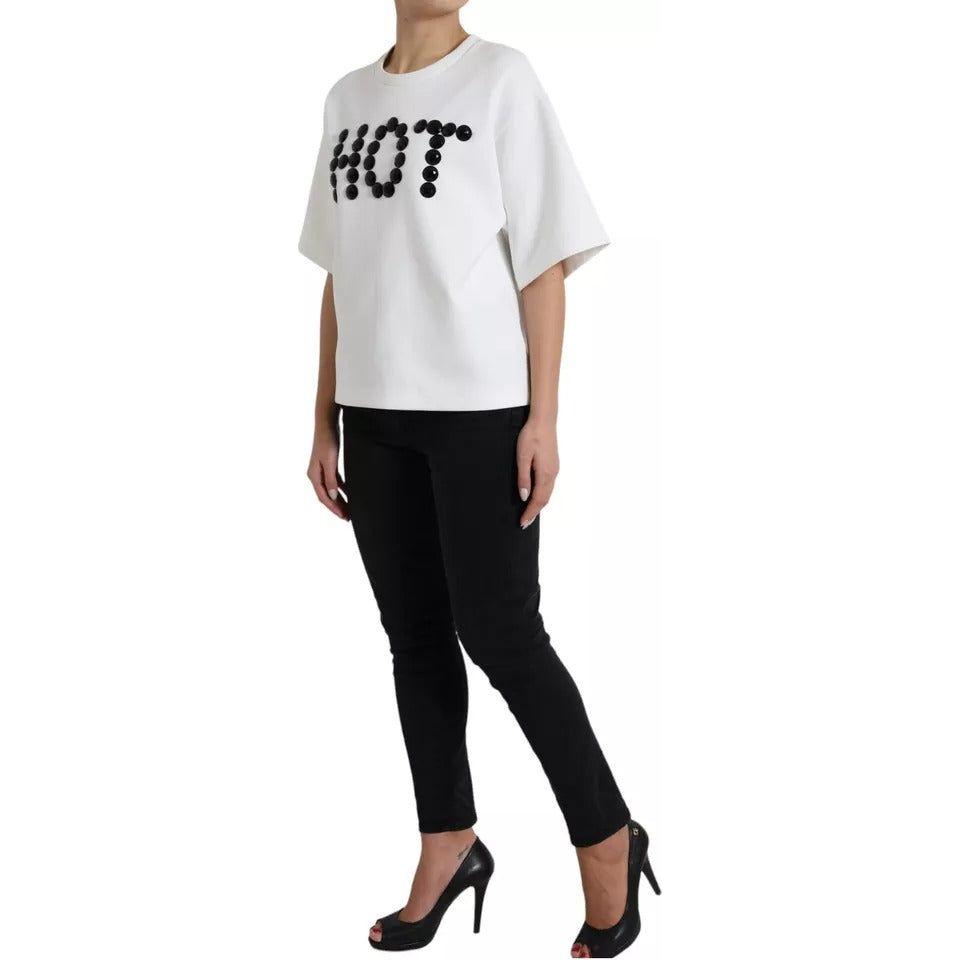 Dolce & Gabbana White Cotton Black HOT Crystal Top T-shirt TSH84220-42