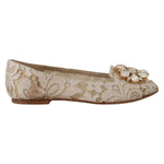 Dolce & Gabbana Beige Lace Crystal Ballet Flats Loafers Shoes LA9935-34
