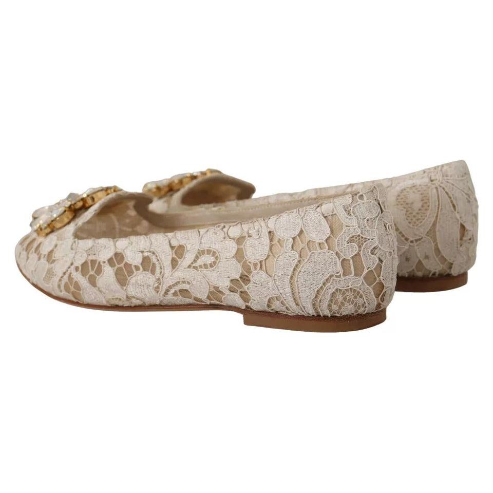 Dolce & Gabbana Beige Lace Crystal Ballet Flats Loafers Shoes LA9935-34