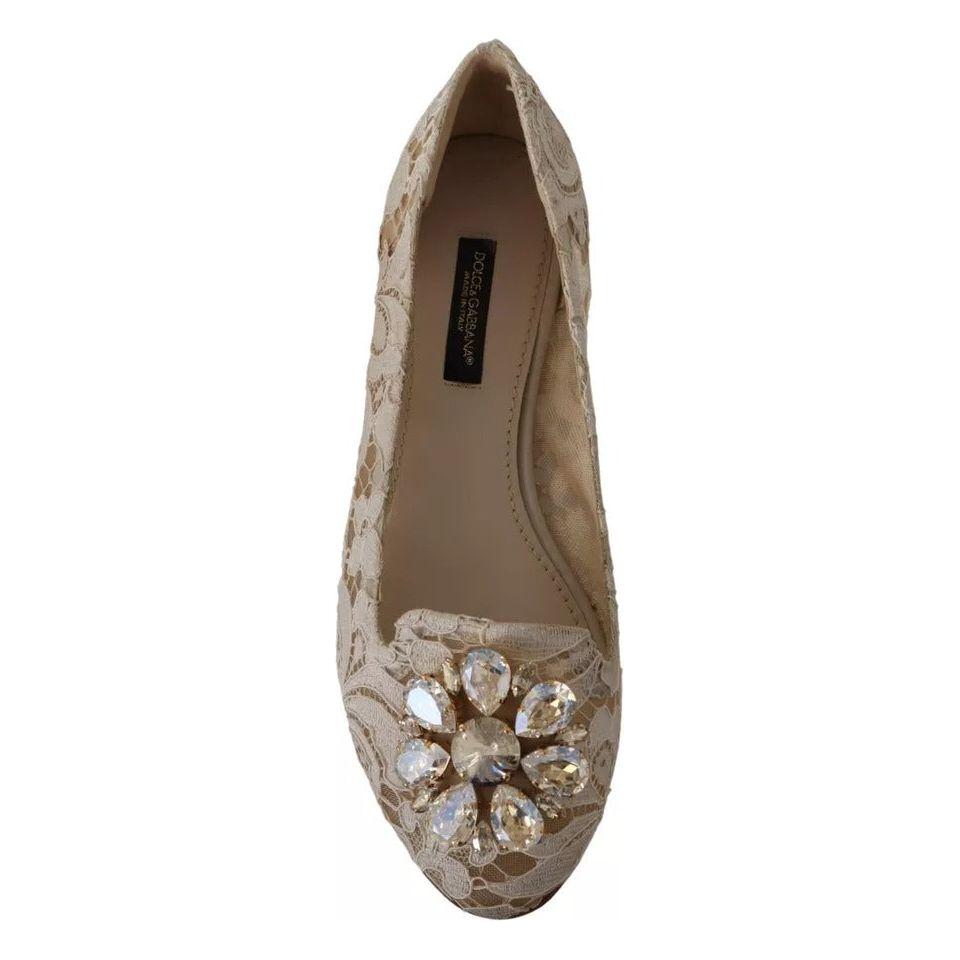 Dolce & Gabbana Beige Lace Crystal Ballet Flats Loafers Shoes LA9935-34