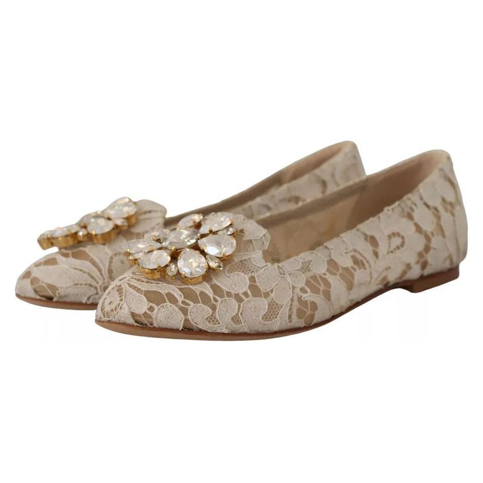 Dolce & Gabbana Beige Lace Crystal Ballet Flats Loafers Shoes LA9935-34