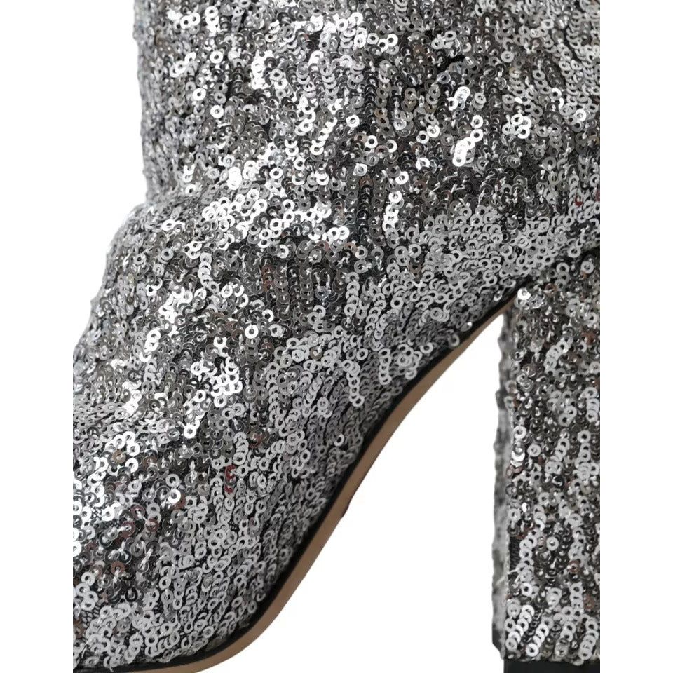 Dolce & Gabbana Silver Sequined High Boots Stretch Shoes