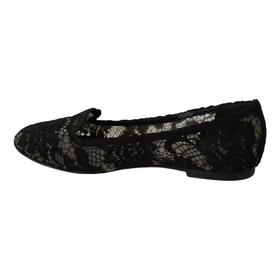 Dolce & Gabbana Black Floral Lace Loafers Flats Shoes LA6017-35