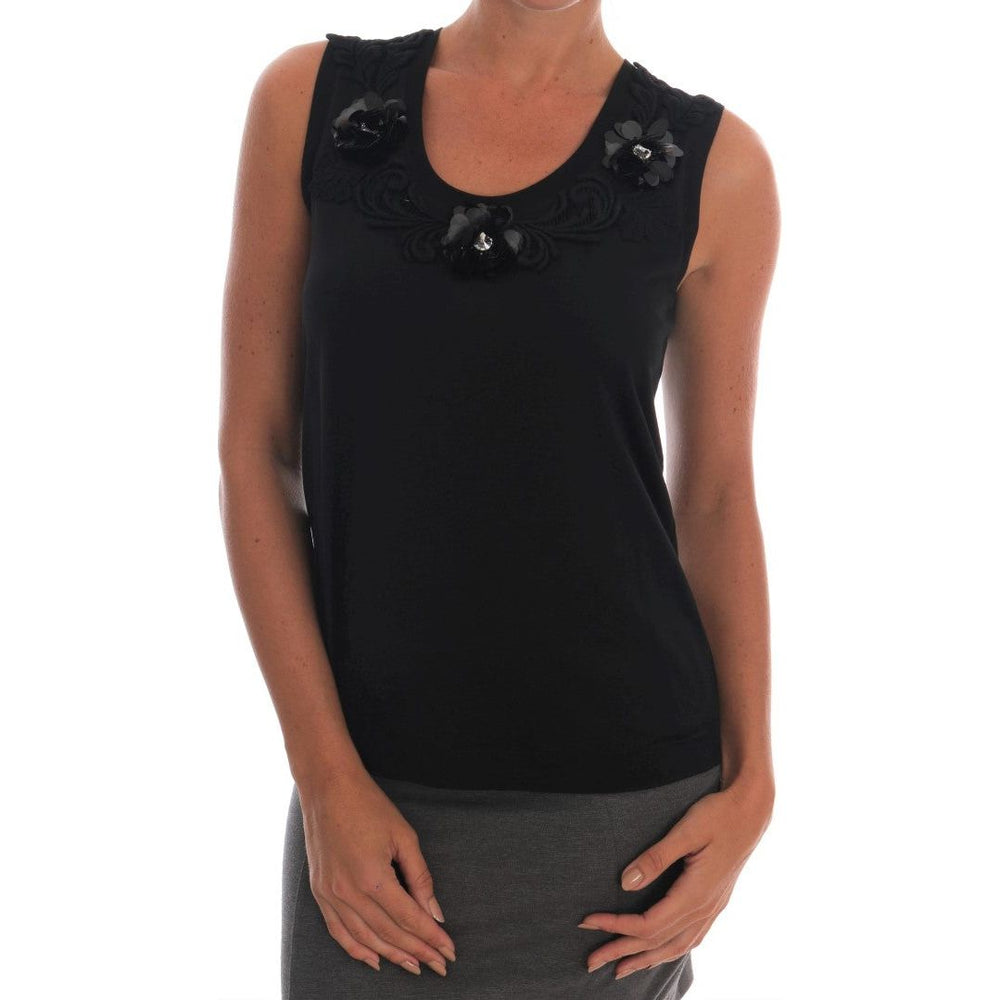Dolce & Gabbana Black Cotton Floral Crystal Tank Top TSH1449-1