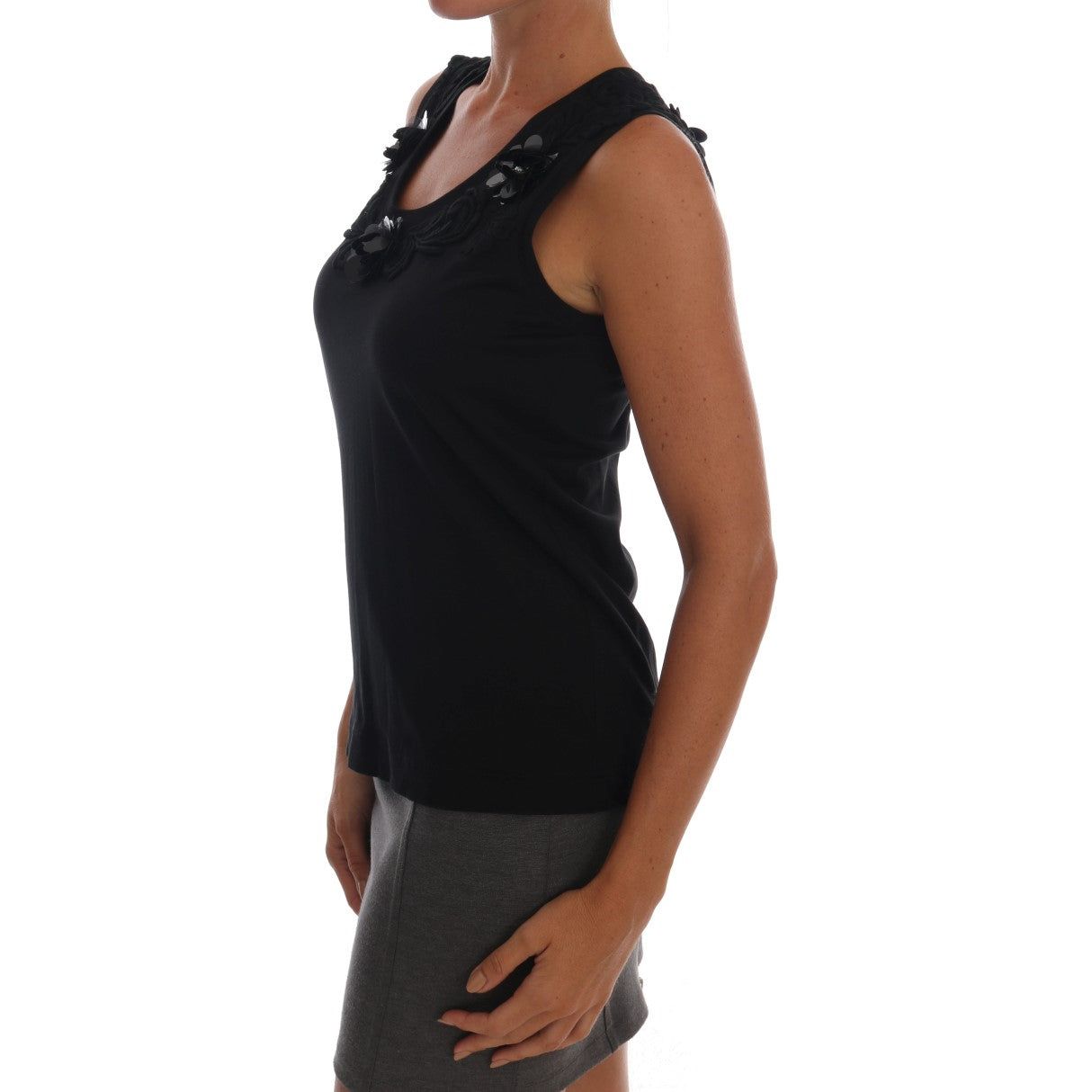 Dolce & Gabbana Black Cotton Floral Crystal Tank Top TSH1449-1