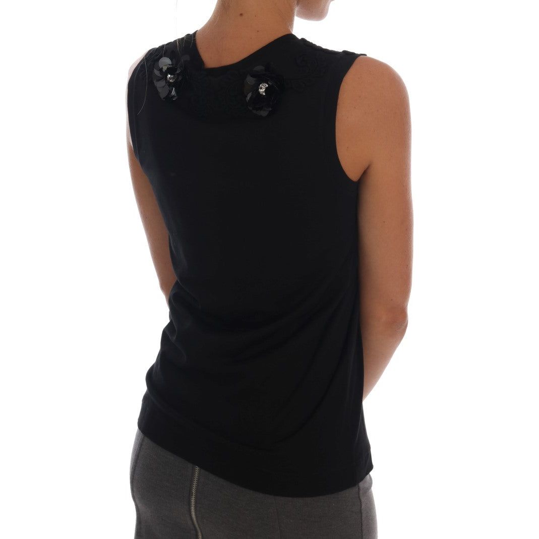 Dolce & Gabbana Black Cotton Floral Crystal Tank Top TSH1449-1