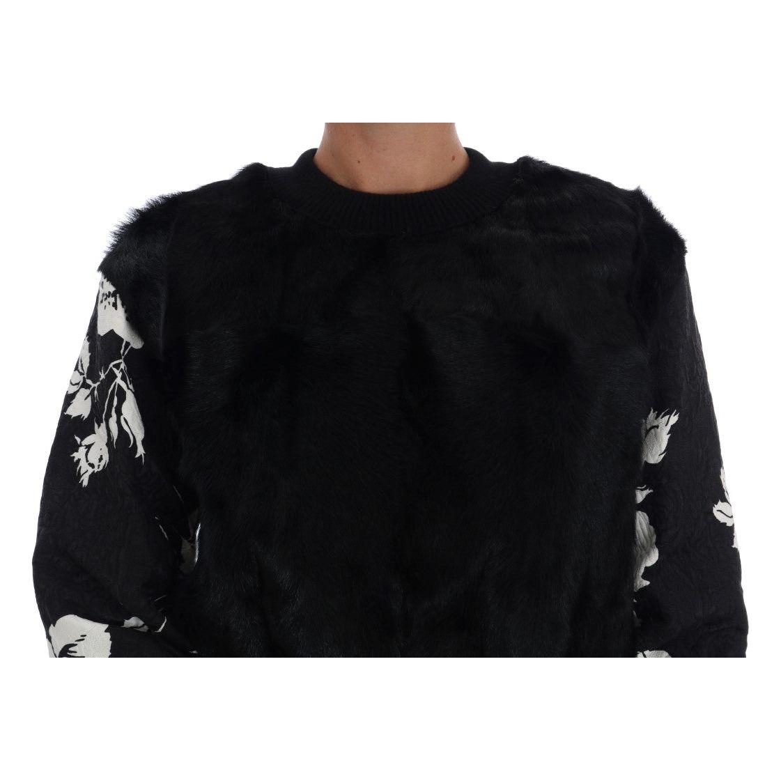 Dolce & Gabbana Black Fur Floral Brocade Zipper Sweater JKT1047#2-1