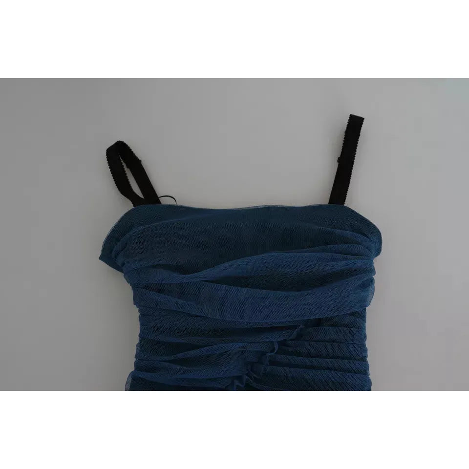 Dolce & Gabbana Blue Draped Tulle Midi Sheath Cotton Dress DR2704#-36