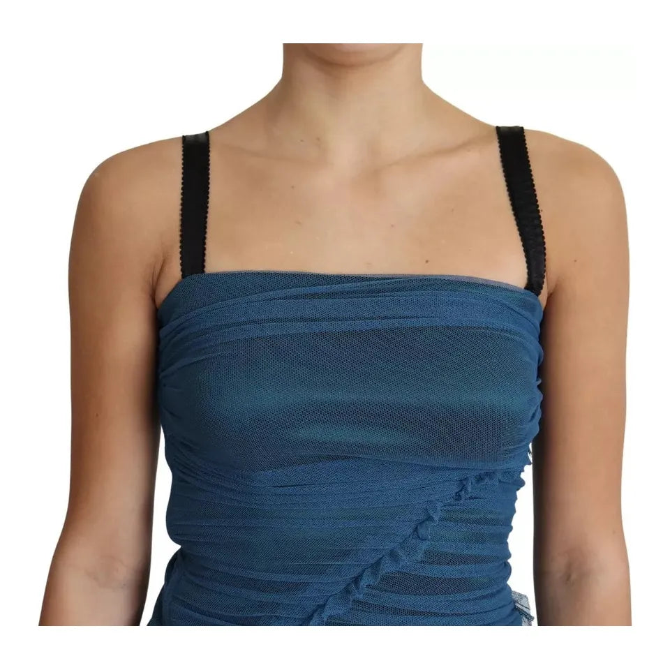 Dolce & Gabbana Blue Draped Tulle Midi Sheath Cotton Dress DR2704#-36