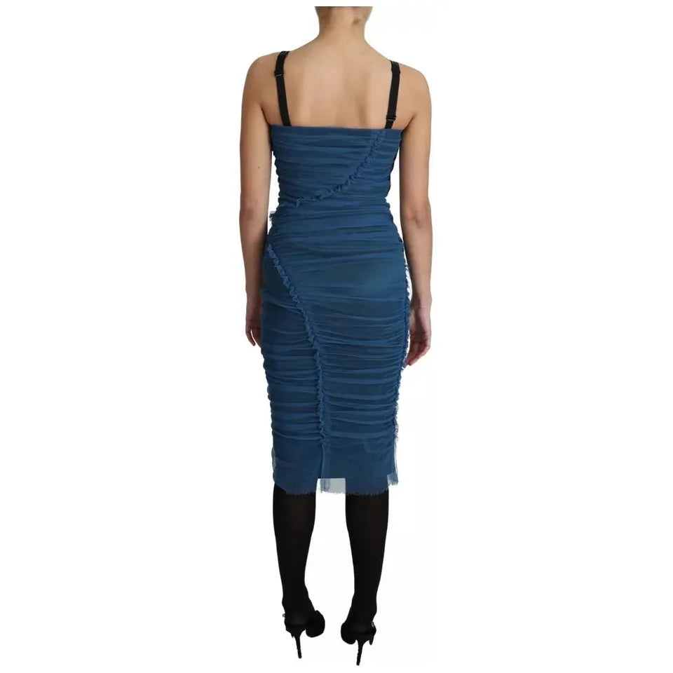 Dolce & Gabbana Blue Draped Tulle Midi Sheath Cotton Dress DR2704#-36