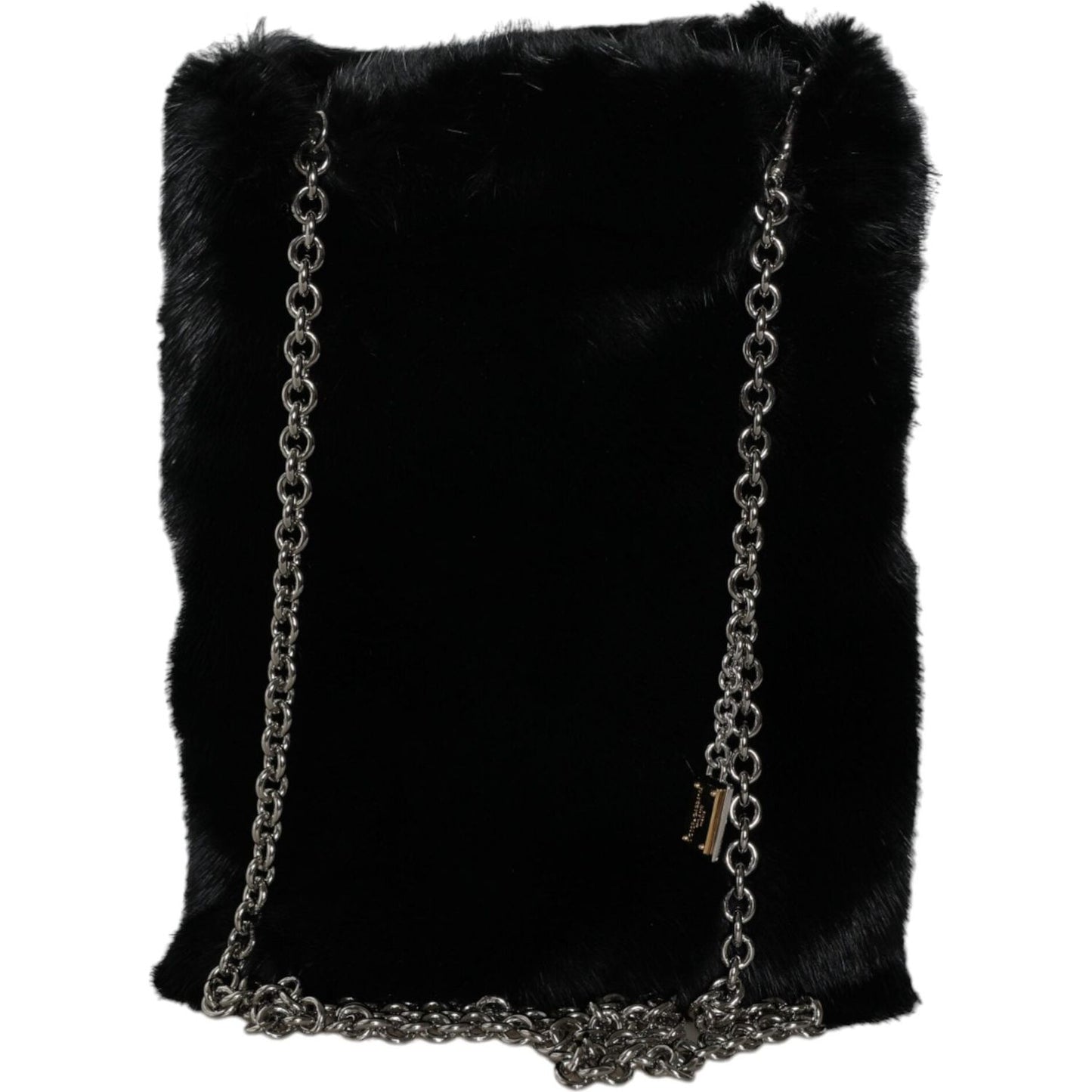 Dolce & Gabbana Black Faux Fur Silver Chain Crossbody Shoulder Purse Bag BAG1586