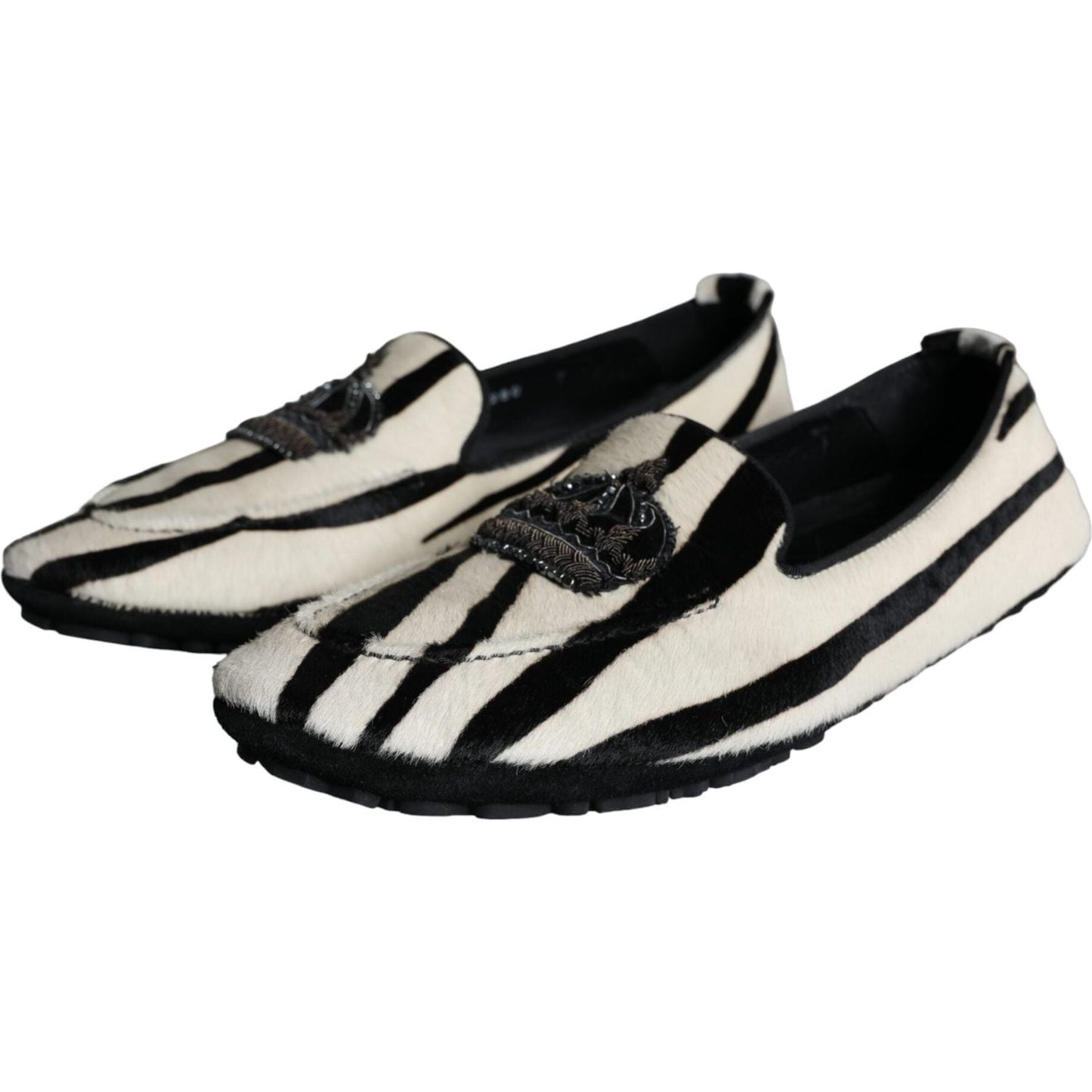 Dolce & Gabbana Black White Calf Fur Slip On Loafers Men Shoes MV5882-41