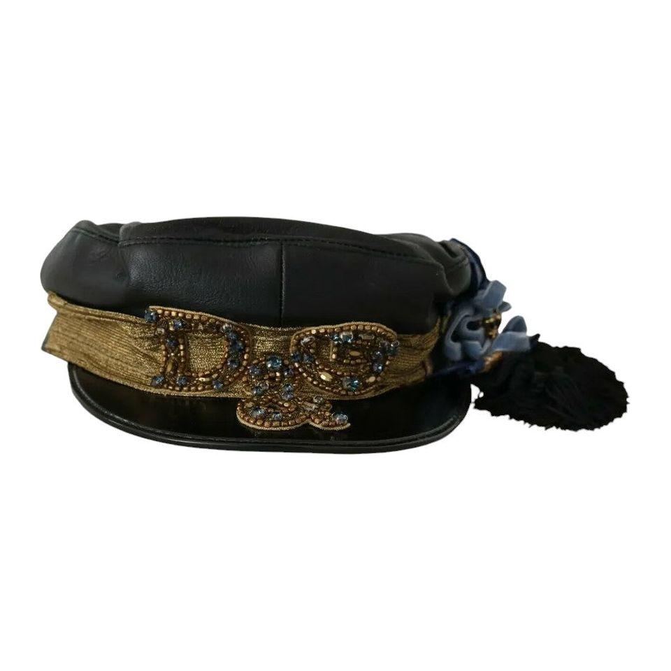 Dolce & Gabbana Black Leather Crystal Beads Gold Ribbon Fiddler Cap HAT70115-56