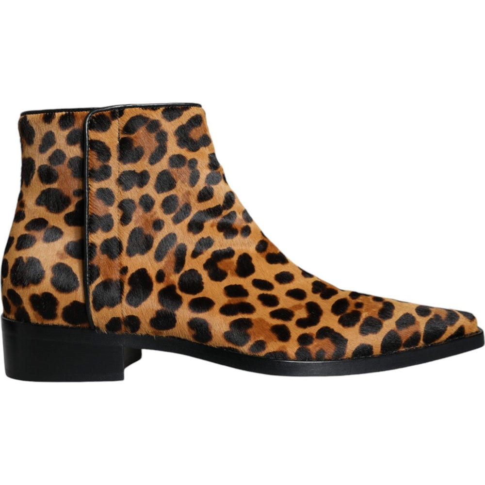 Dolce & Gabbana Brown Leopard Calf Fur Ankle Boots Shoes LA11515-35.5