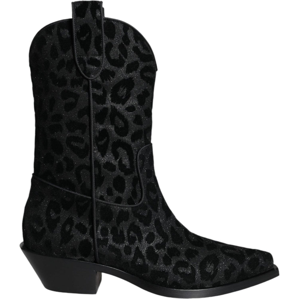 Dolce & Gabbana Black Gray Leopard Cowboy Boots Shoes LA11525-35