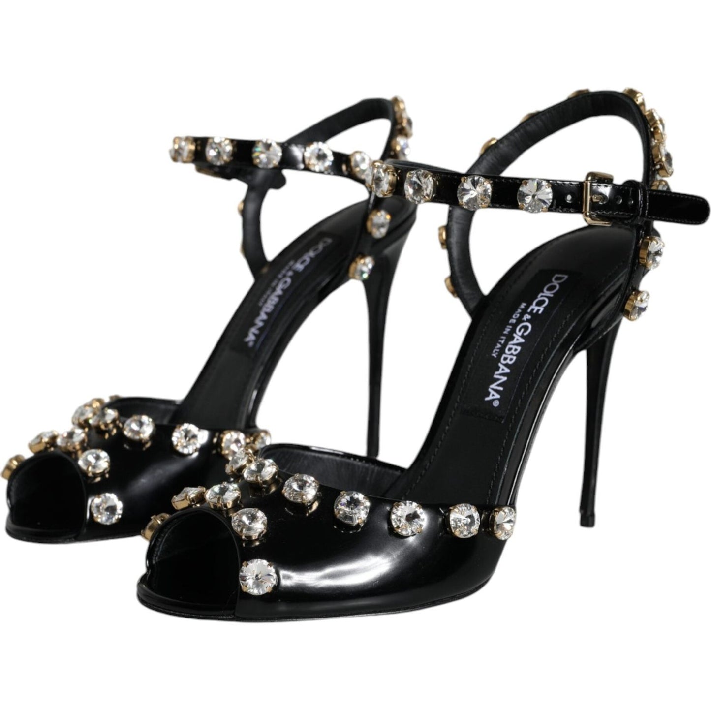 Dolce & Gabbana Black Leather Crystal Ankle Strap Sandals Shoes LA11395-39