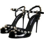 Dolce & Gabbana Black Leather Crystal Ankle Strap Sandals Shoes LA11395-39