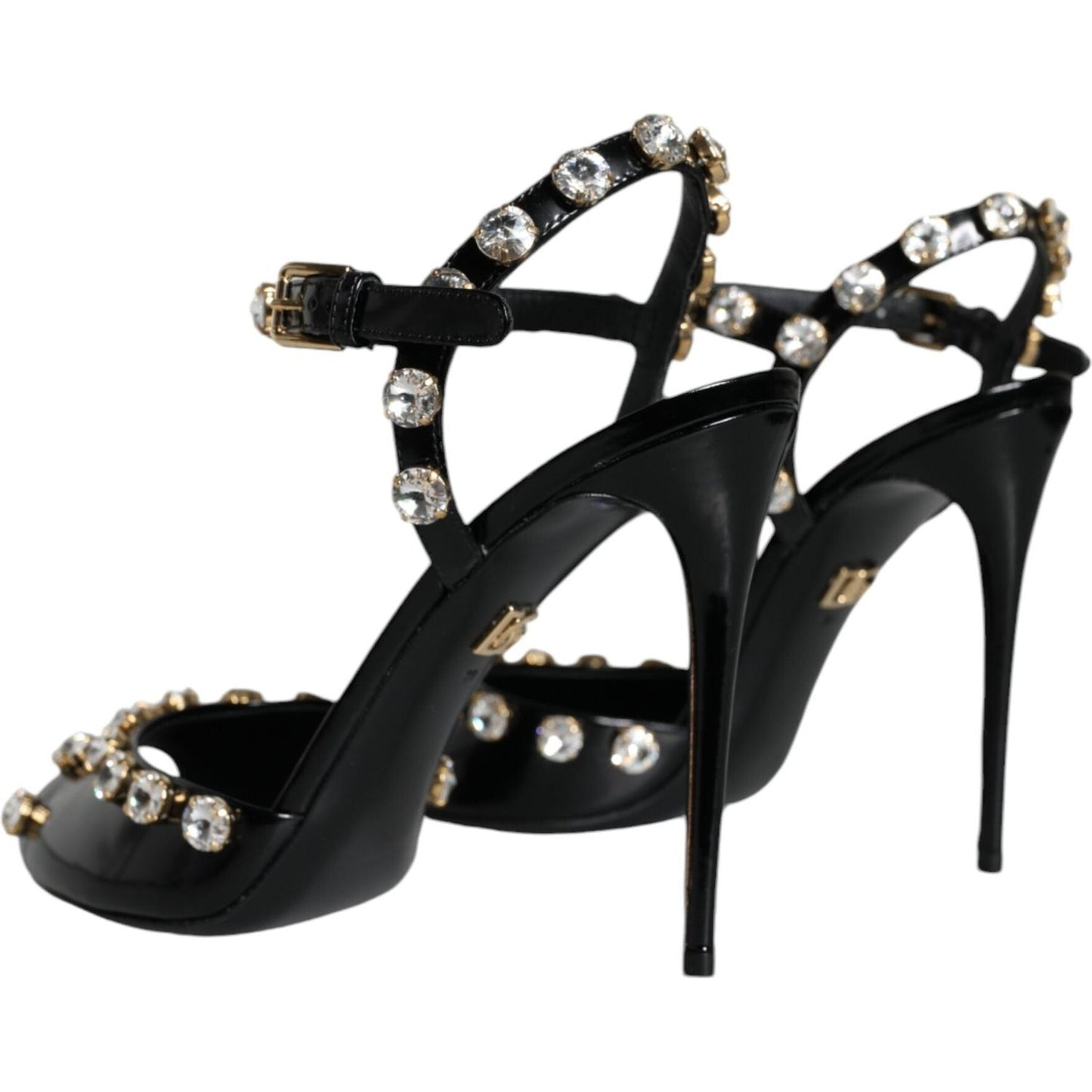 Dolce & Gabbana Black Leather Crystal Ankle Strap Sandals Shoes LA11395-39