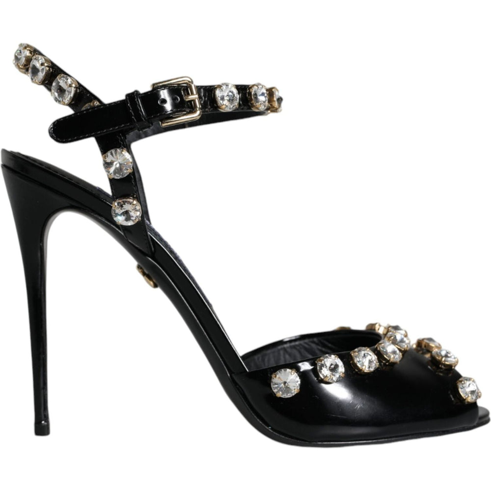 Dolce & Gabbana Black Leather Crystal Ankle Strap Sandals Shoes LA11395-39