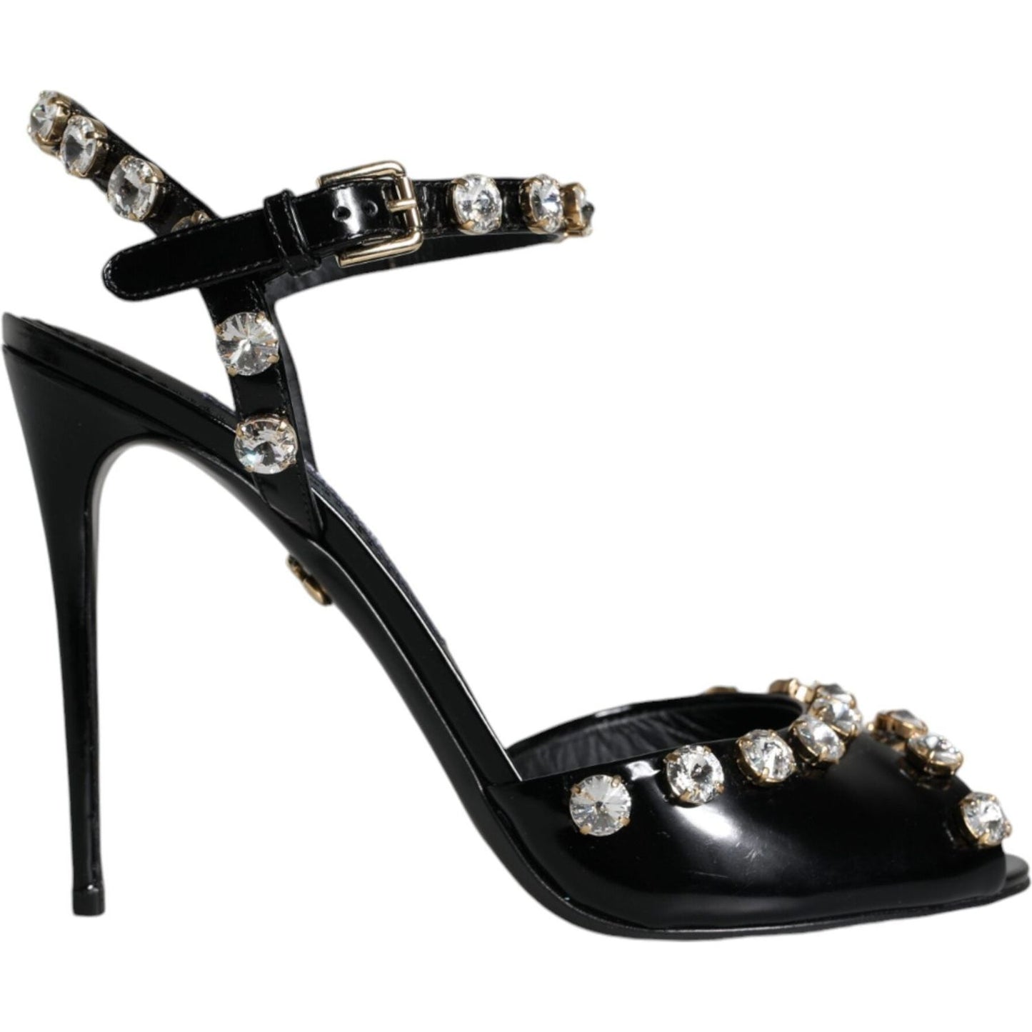 Dolce & Gabbana Black Leather Crystal Ankle Strap Sandals Shoes LA11395-39