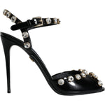 Dolce & Gabbana Black Leather Crystal Ankle Strap Sandals Shoes LA11395-39
