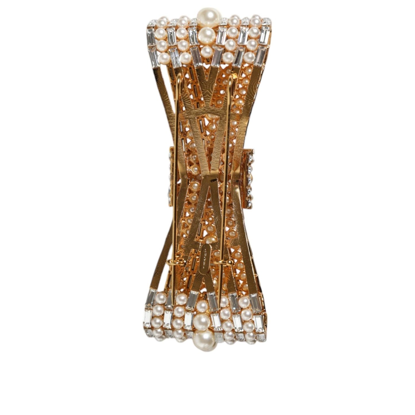 Dolce & Gabbana Gold Tone Brass Bow Crystal FauxPearl Embellished Brooch SMY10377