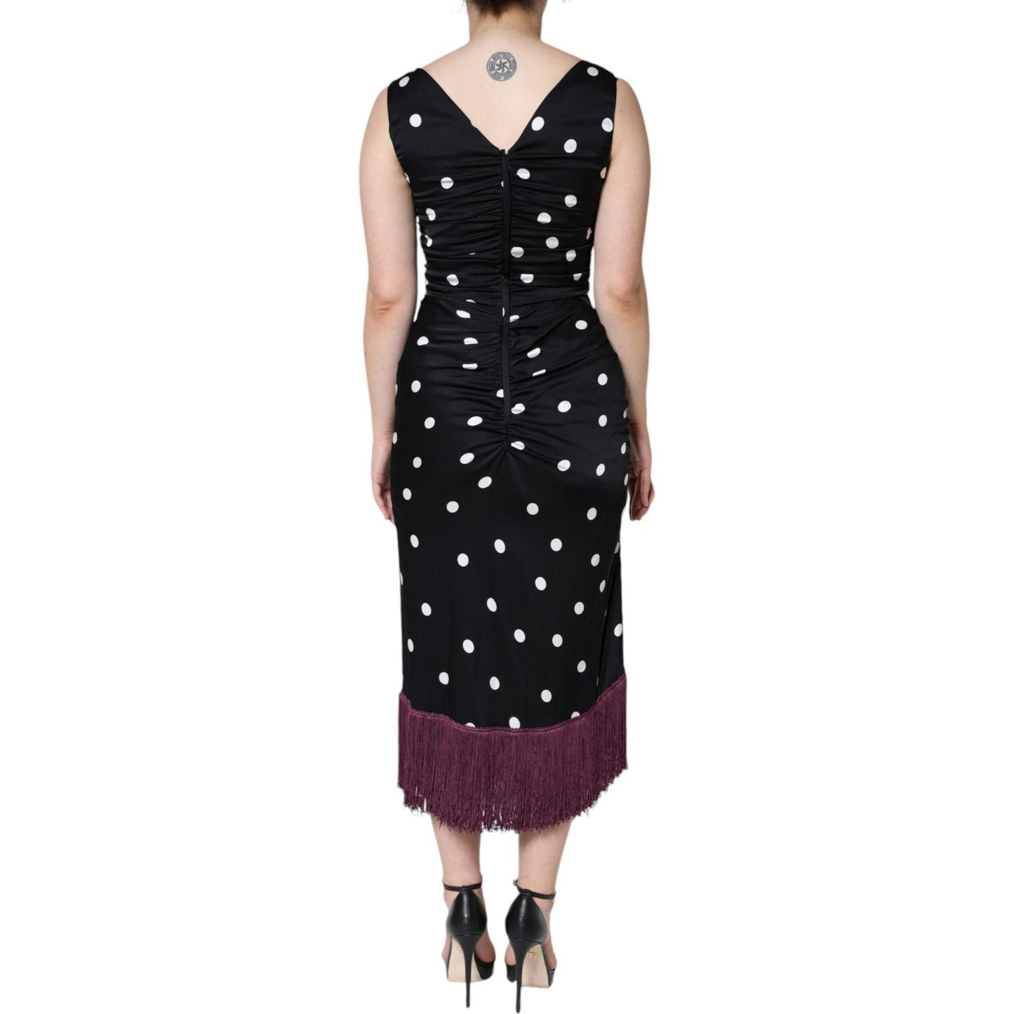 Dolce & Gabbana Black Silk Polka Dot V-neck Tassel Midi Dress DR281192-44