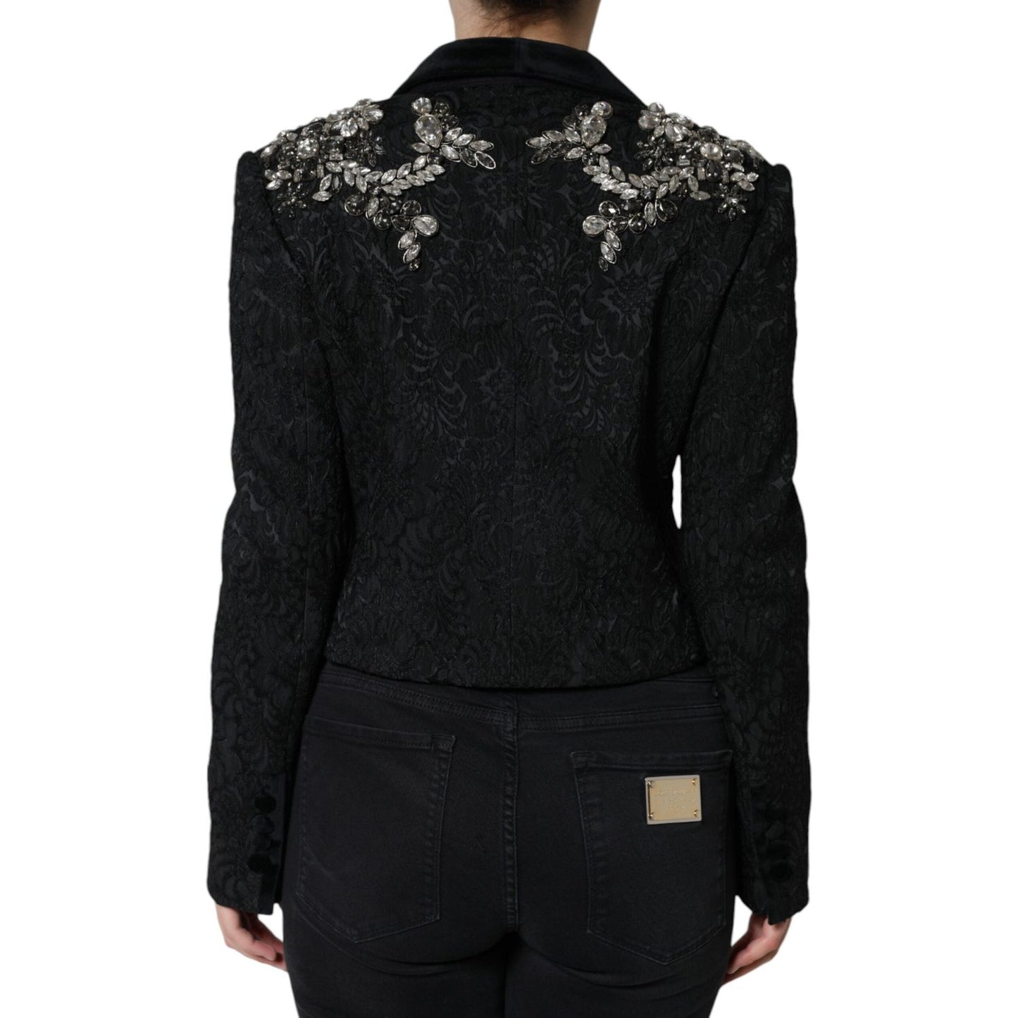 Dolce & Gabbana Black Jacquard Crystal Floral Jacket Blazer JKT4088-44