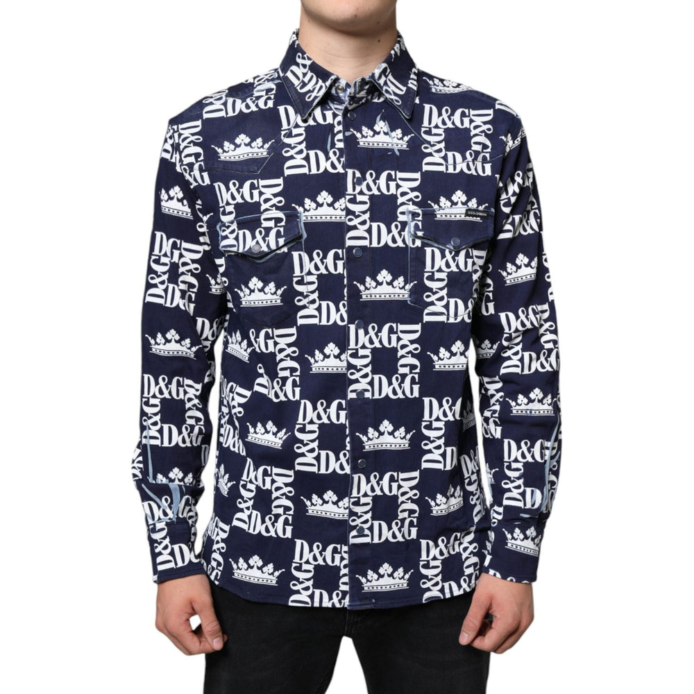 Dolce & Gabbana Blue Crown Logo Print Slim Fit Cotton Shirt TSH87099-38