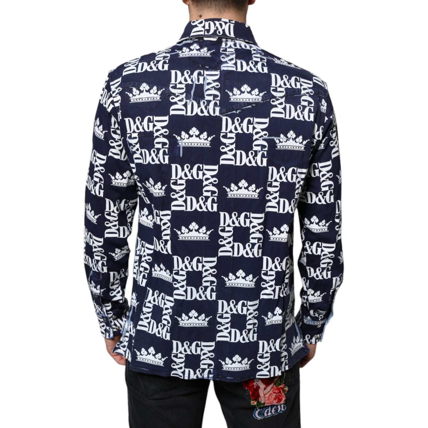 Dolce & Gabbana Blue Crown Logo Print Slim Fit Cotton Shirt TSH87099-38