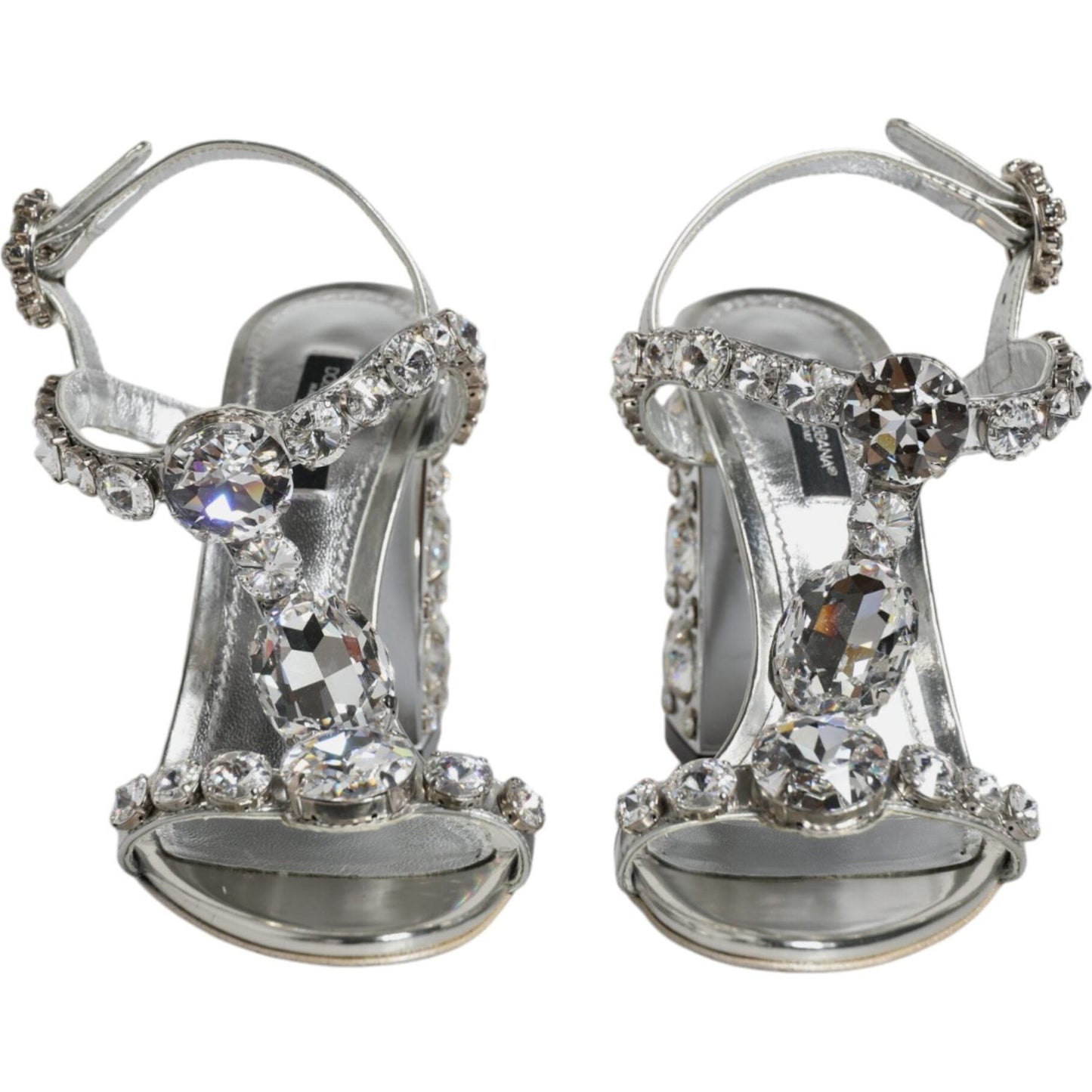 Dolce & Gabbana Silver Leather T-strap Crystal Sandals Shoes LA11853-37