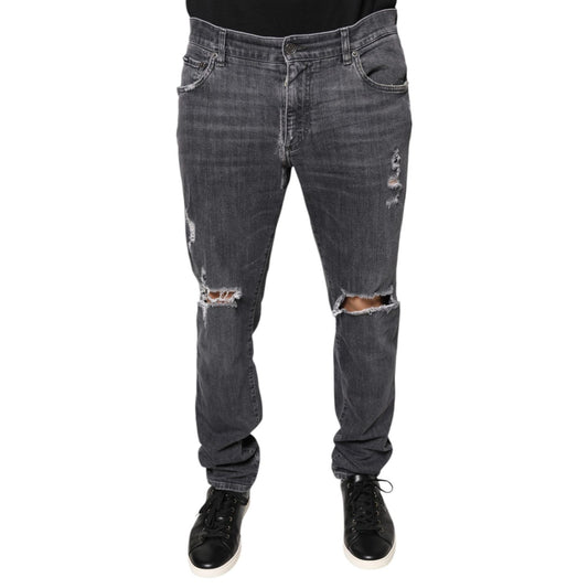 Dolce & Gabbana Dark Gray Tattered Cotton Skinny Denim Jeans