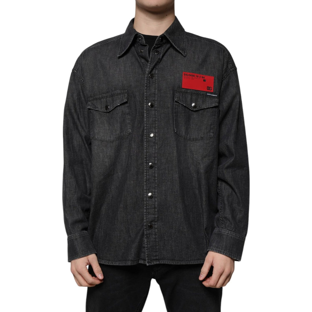 Dolce & Gabbana Black Logo Cotton Button Down Denim Shirt TSH87278-40