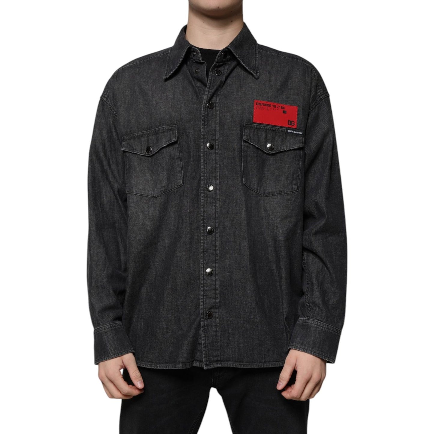 Dolce & Gabbana Black Logo Cotton Button Down Denim Shirt TSH87278-40