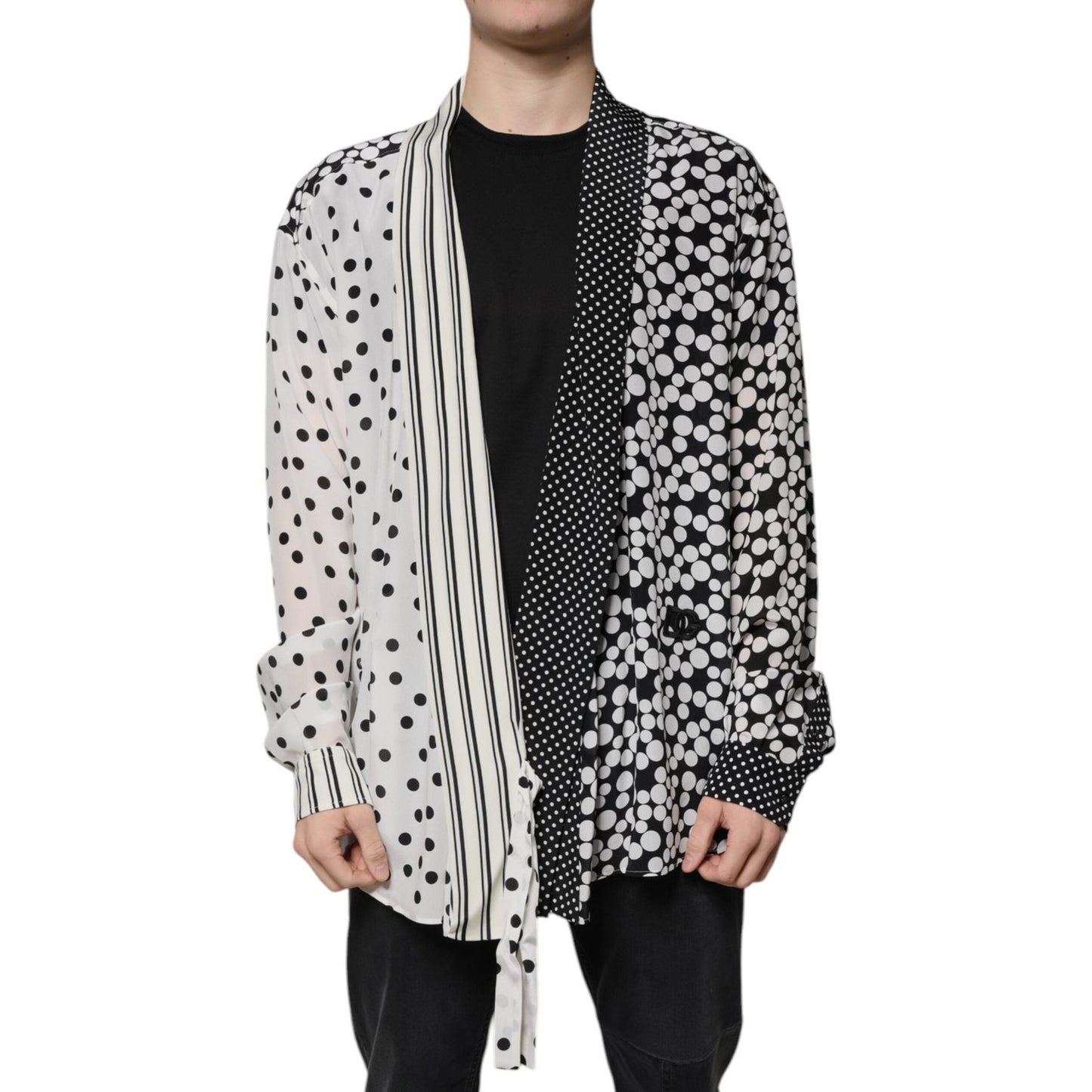 Dolce & Gabbana Black White Polka Dots Silk Men Casual Shirt TSH87343-43