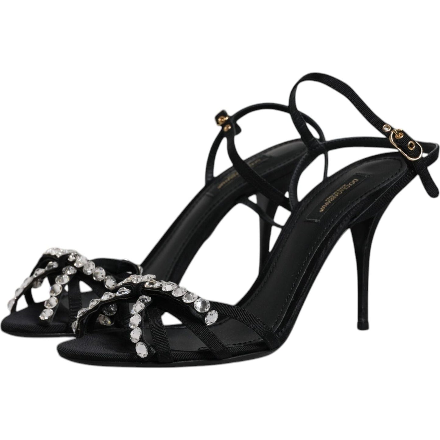 Dolce & Gabbana Black Leather Crystal Bow KEIRA Sandals Shoes LA12072-39