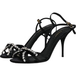 Dolce & Gabbana Black Leather Crystal Bow KEIRA Sandals Shoes LA12072-39