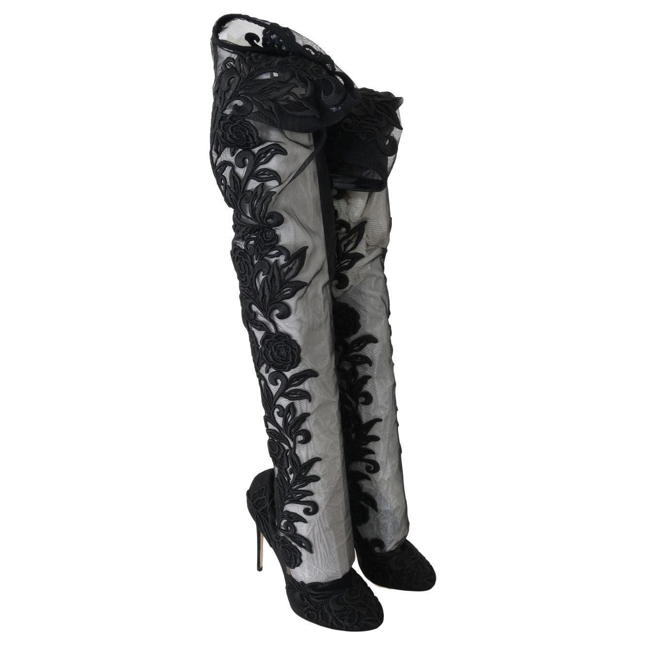 Dolce & Gabbana Black Floral Embroidered Socks Boots LA4248-4