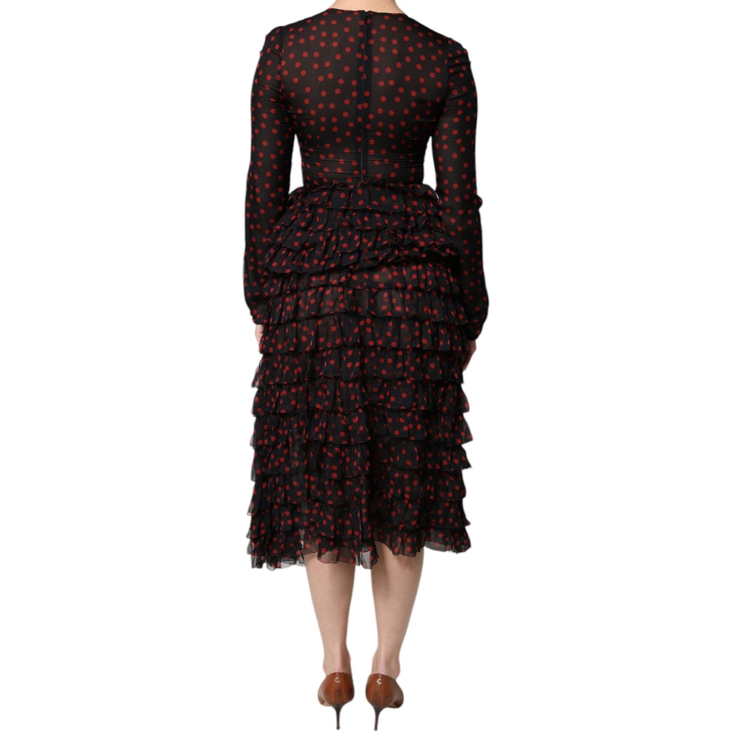 Dolce & Gabbana Black Red Polka Dot Silk Layered Midi Dress