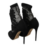 Dolce & Gabbana Black Tulle Stretch Floral Booties Shoes LA6202-40