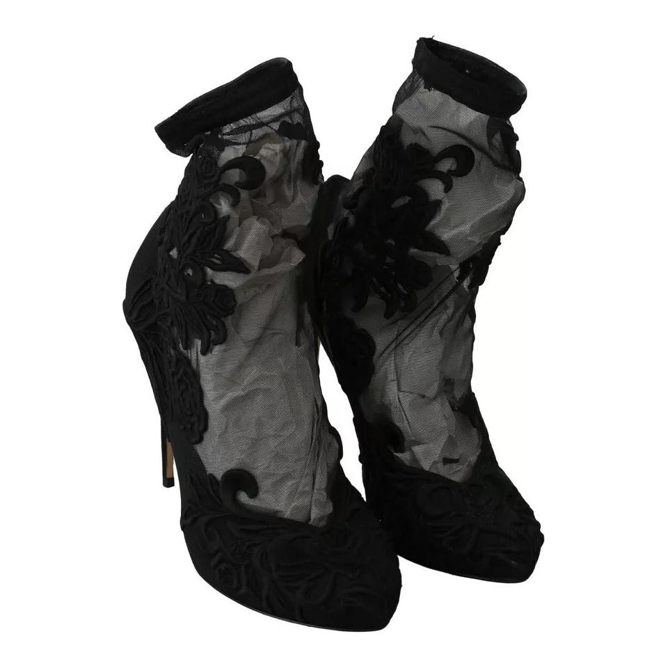 Dolce & Gabbana Black Tulle Stretch Floral Booties Shoes LA6202-40