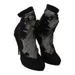 Dolce & Gabbana Black Tulle Stretch Floral Booties Shoes LA6202-40