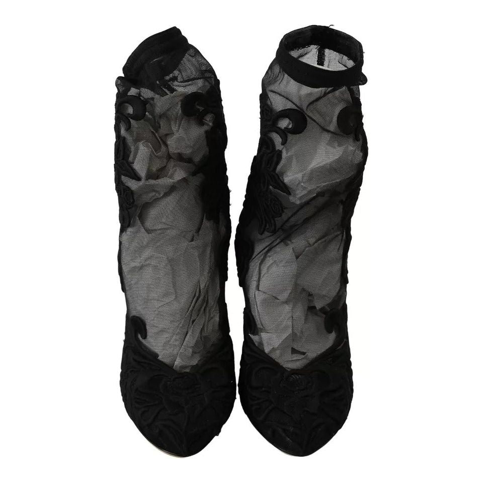 Dolce & Gabbana Black Tulle Stretch Floral Booties Shoes LA6202-40