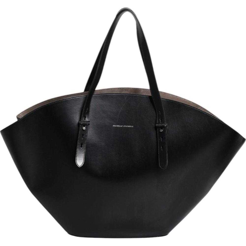Brunello Cucinelli Black Leather Logo Shoulder Strap Shopping Tote Bag BAG1576